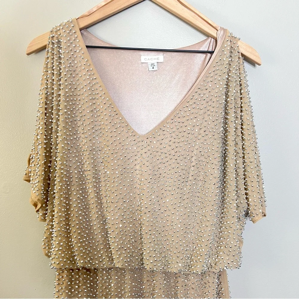 CACHE embellished nude dress, mini, sparkle size 4 - Picture 2 of 12